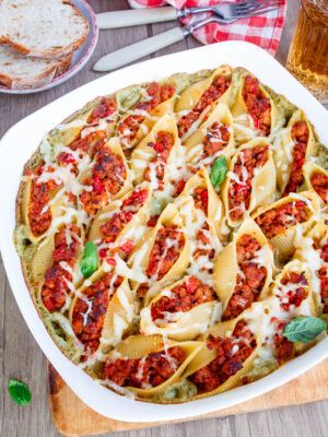 Jumbo Meat-Stuffed Shells in Creamy Sauce with Pesto