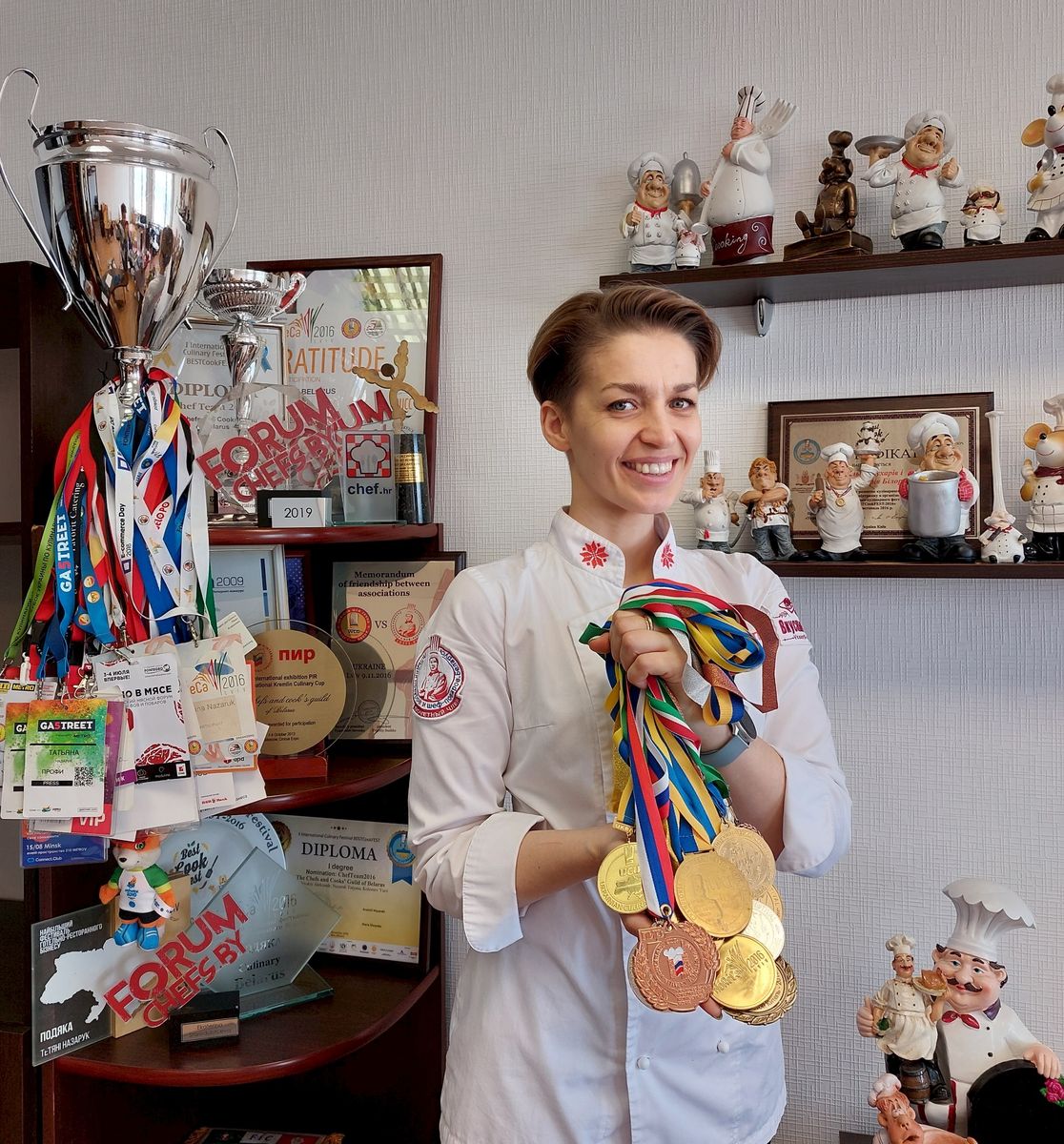 Tatyana Nazaruk with her numerous medals, awards and diplomas