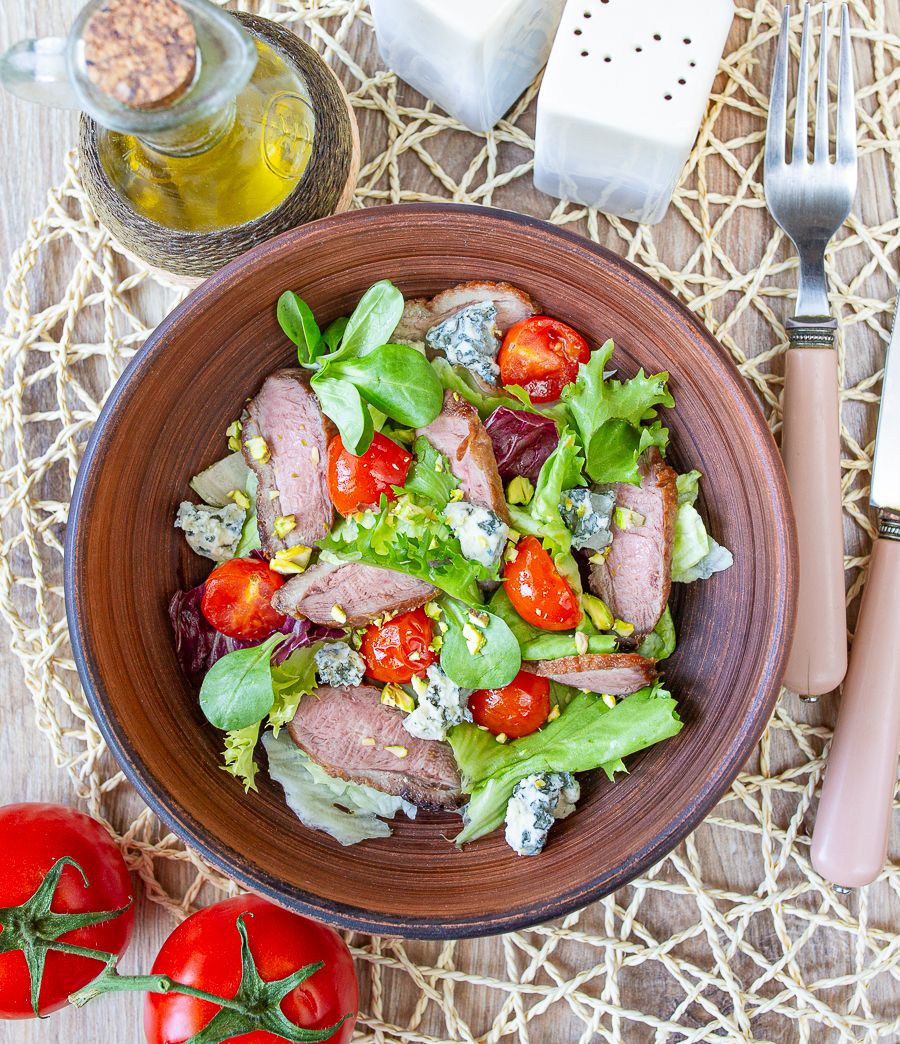 Duck, Cherry Tomato, and Blue Cheese Salad