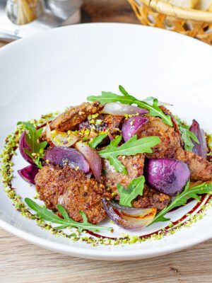 Pan Fried Chicken Livers with Pistachios and Arugula