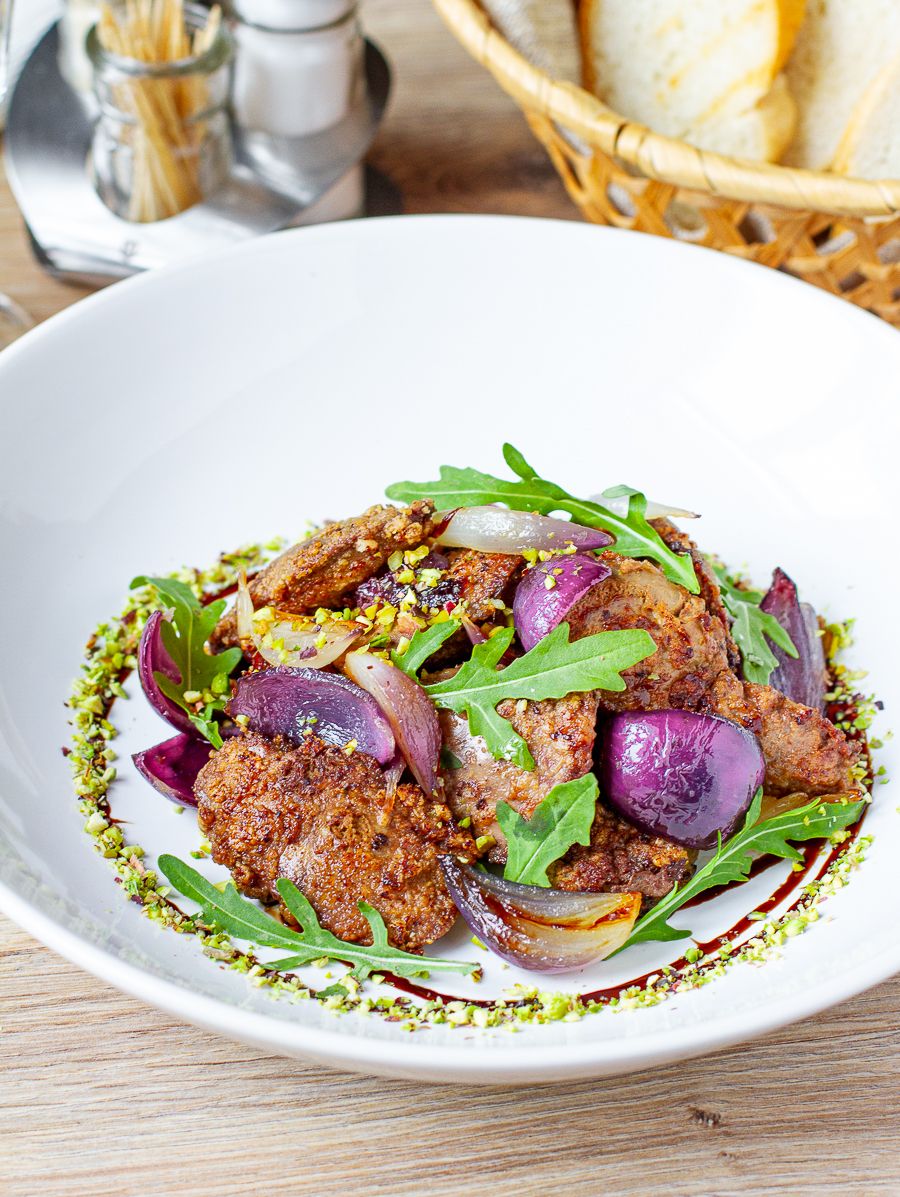 Pan Fried Chicken Livers with Pistachios and Arugula