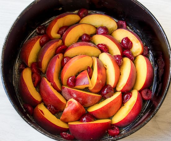 Arrange the peaches and cherry