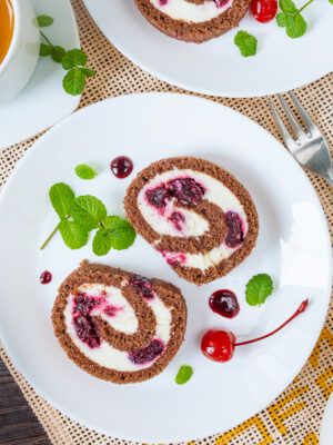 Chocolate Swiss Roll with Port-Poached Sour Cherries
