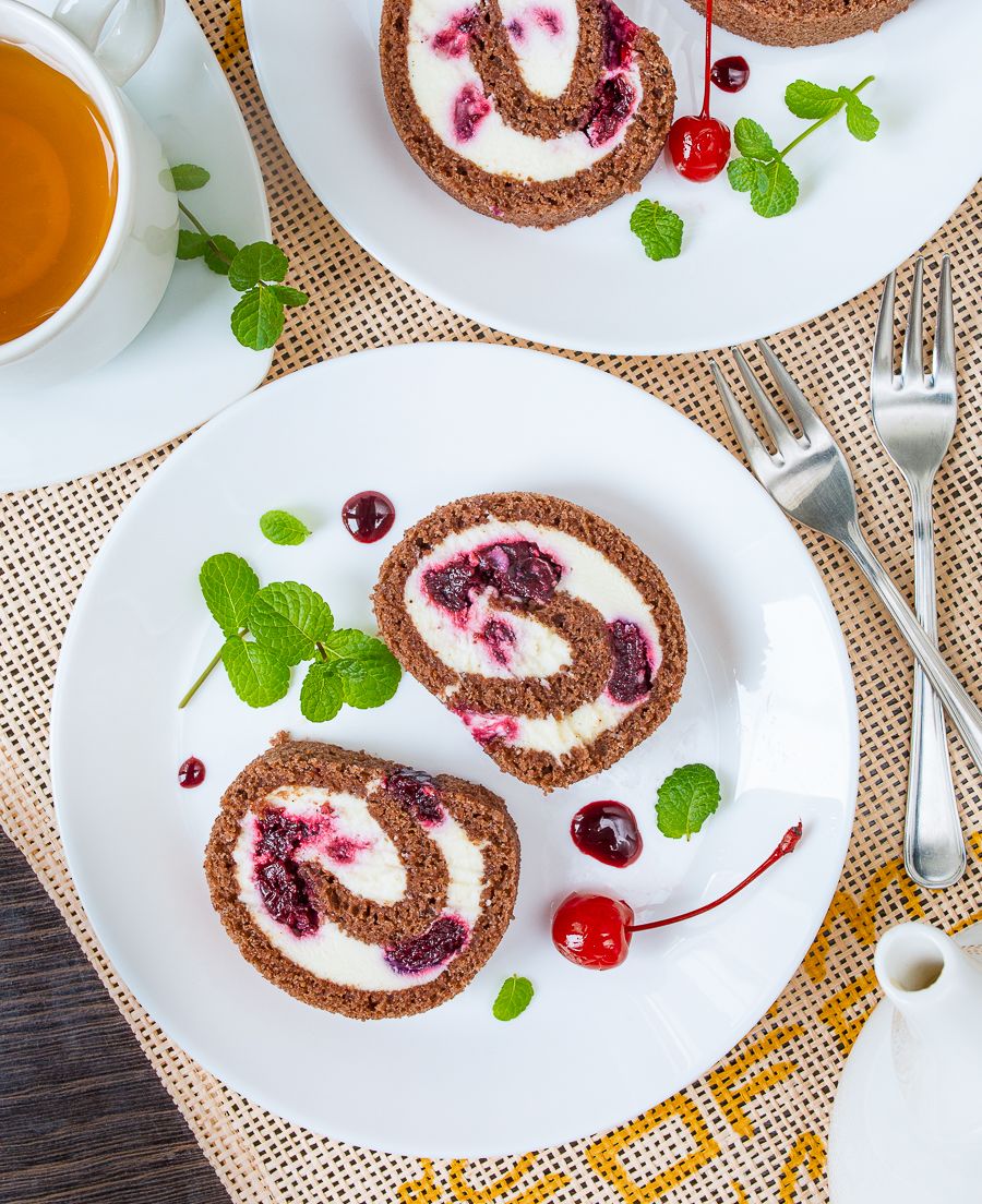 Chocolate Swiss Roll with Port-Poached Sour Cherries