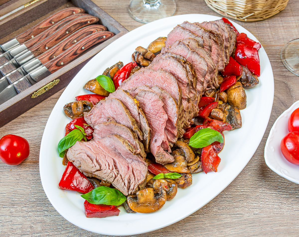 Roasted Beef Tenderloin with Sautéed Peppers & Mushrooms
