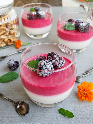Blackberry Sour Cream Panna Cotta with Walnuts